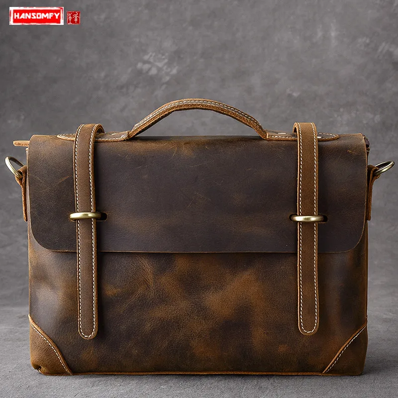 Buy  HANSOMFY Crazy horse skin Men briefcase postman handbag first layer leather laptop shoulder bag ret