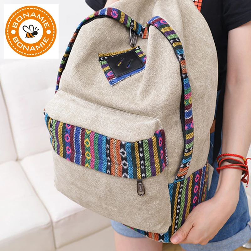 

BONAMIE Fashion Women Backpack Canvas College School Bag Simple Ethnic Sweet Girl High Quality Travel Backpack Books Rucksack
