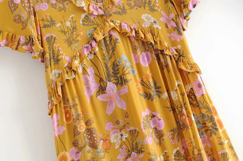 Vintage Chic women Floral print ruffles rayon Bohemian beach maxi dress Ladies V neck Tassel Summer pleated Boho dress vestidos