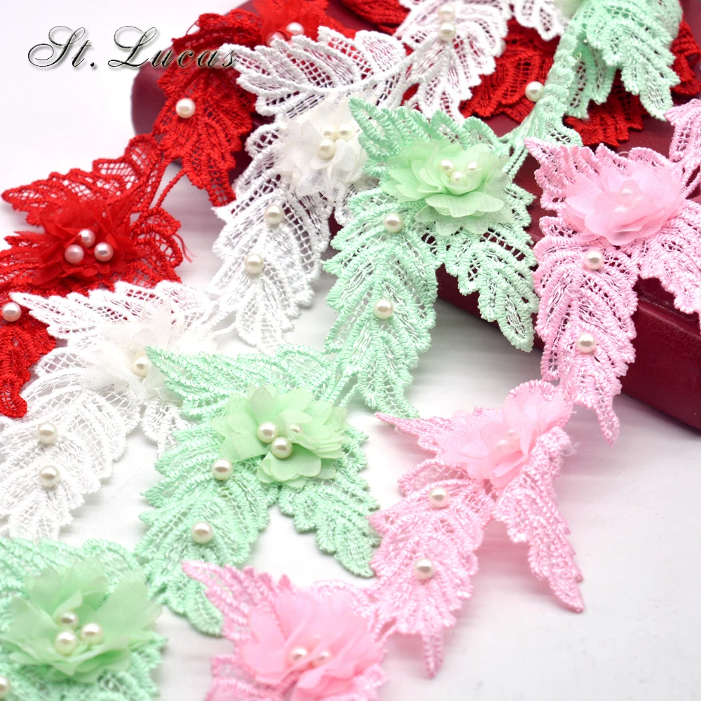 

New 10pcs/lot Craft Braided pearl leaves embroidered Lace ribbon ladies triming sew on women overcoat dress scrapbooking DIY