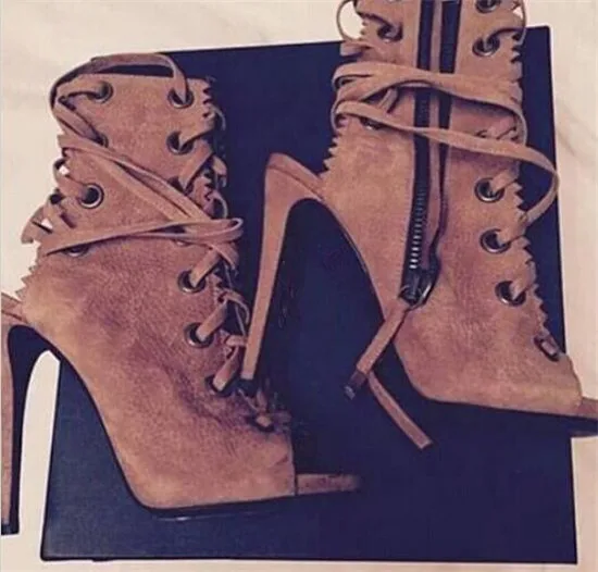 Hot Sale Brown Leather Women Boots Cut Out Peep Toe Sandals Boots Lace Up Ankle Boots High Heels Shoes Woman Booties Botas Mujer