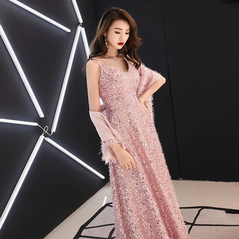Розовое китайское Восточное блестящее Длинное Элегантное Вечернее платье Ципао платья принцессы современные свадебные летние женские