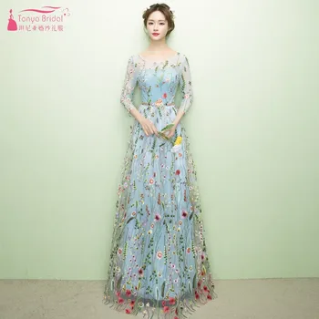 

TANYA BRIDAL 2019 Flowers Decoration Lace Up Bridesmaid Dress Floor-Length Light Blue Elegant Wedding Guest Dress JQ446