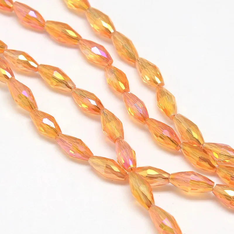 10Strands Electroplate Crystal Glass Rice Beads Strands Faceted Rainbow Color Plated OrangeRed, 4x9mm, Hole: 1mm; 58pc/str