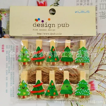 

10pcs/lot Kawaii Christmas Tree Wooden Clip Photo paper Clothespin Craft Clips Party Decoration Clip with Hemp Rope