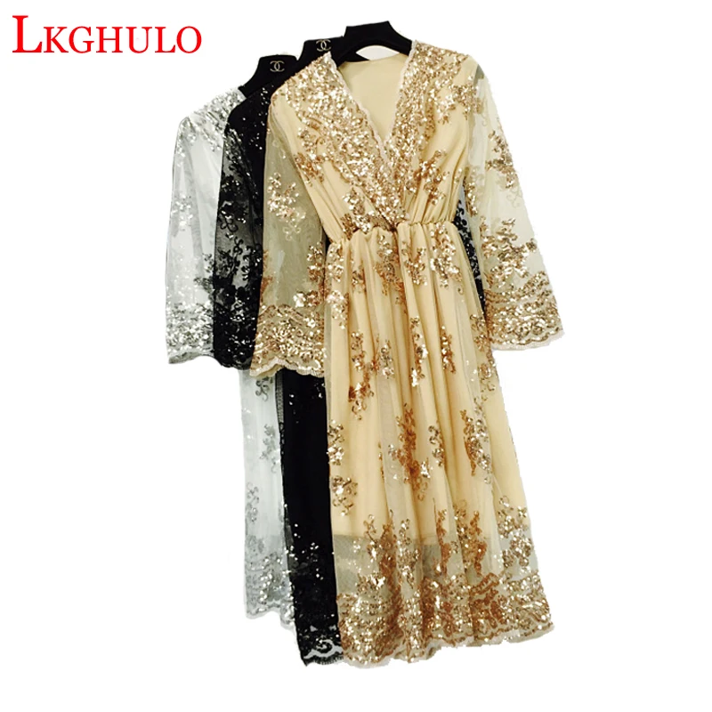 

Autumn Dress Women New Sexy Mesh V-Neck Sequins Vintage Dress Female Elegant Streetwear Christmas Party Dresses Vestidos W682