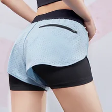 Карман на молнии беговые фитнес-шорты Для женщин 2 в 1 спортивные шорты для йоги быстросохнущая упражнения, бег трусцой спортивные шорты с подкладкой