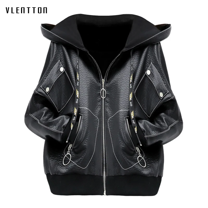 

2019 New leather jacket women Short Hooded Long sleeve Pu leather jacket spring autumn slim Bikers Jacket Punk style coat female