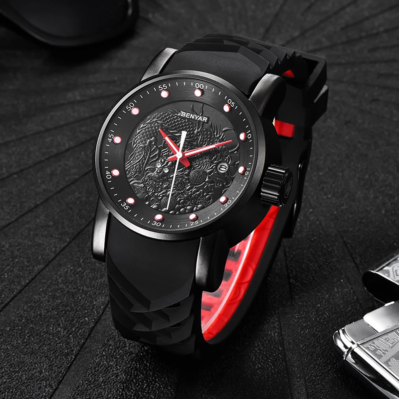 BENYAR Бизнес Мода силиконовый ремешок спортивные часы мужские часы Топ люксовый бренд скульптура дракона кварцевые часы мужские