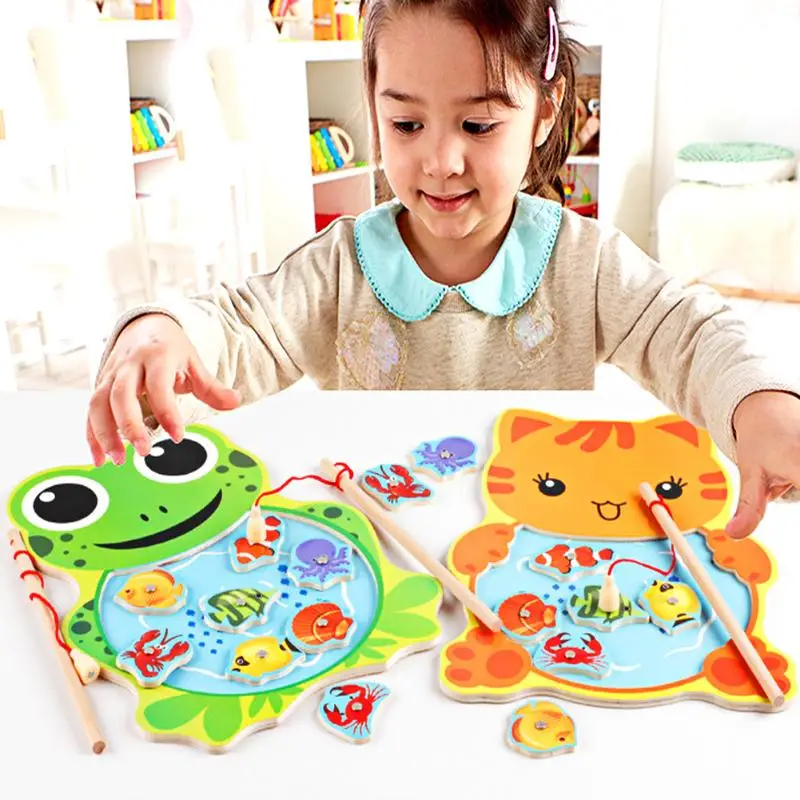 Wooden Magnetic Fishing Game Board with 2 Fishing Rod Kids Educational Toy Children Jigsaw Puzzle Toys Animal Frog Cat Fishing