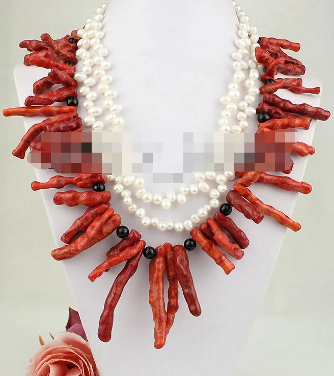 

3165 3Strds Natural Coral&Pearl Necklace