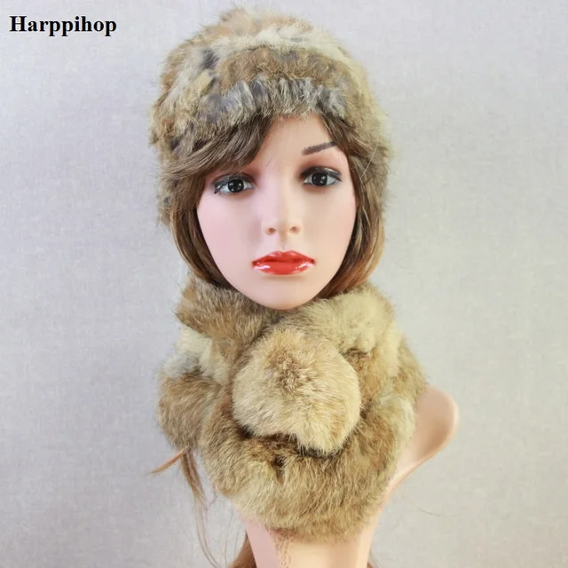Buy Harppihop women real rabbit fur hats scarves sets