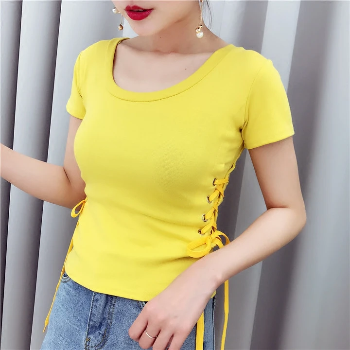 2017 Solid Short Sleeve Women O-Neck Top Tees Lace Up Casual Slim Female Femmes T-Shirt | Женская одежда