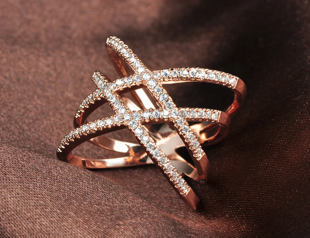 AENINE классические обручальные кольца с сердечками, микро кубический цирконий, двойное X кольцо из розового золота/серебро, роскошные ювелирные изделия для женщин R17134