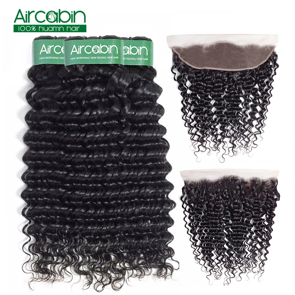

Aircabin 3 Bundles Peruvian Deep Wave Bundles With Frontal Ear To Ear Lace Front With Bundle Non Remy Human Hair Free Shopping