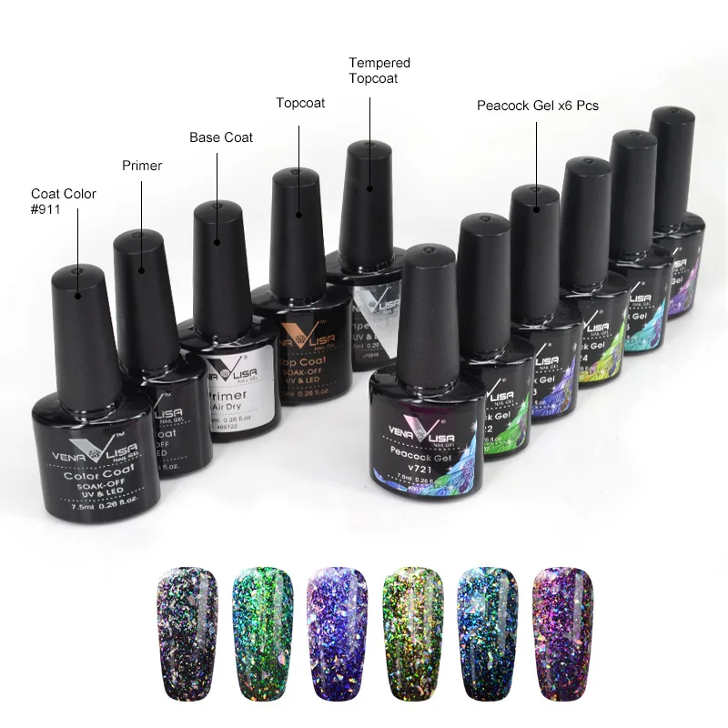 

Kit Peacock Gelnail Polish VENALISA Top Quality Soak Off UV LED Starry Color Gel Lacquer Bling Nail Gel Polish Primer Base Coat
