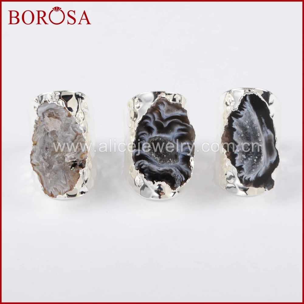 

BOROSA Druzy Silver Color Freeform Natural Stone Druzy Open Band Rings, Fashion Natural Gems Party Rings for Women Men S1388