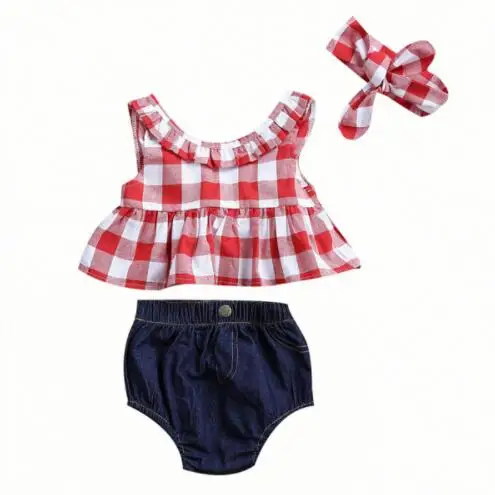 Летний комплект одежды для маленьких девочек плед обогнул футболка Топы+ джинсовые короткие шаровары лента для волос для девочки одежда Комплекты одежды для новорожденных - Цвет: Красный