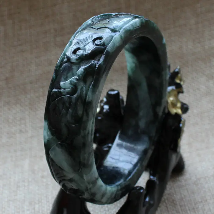 

A769 Chinese Hand-carved Emerald Green Black stoneite stone Bracelet Bangle 62mm 10.20 40