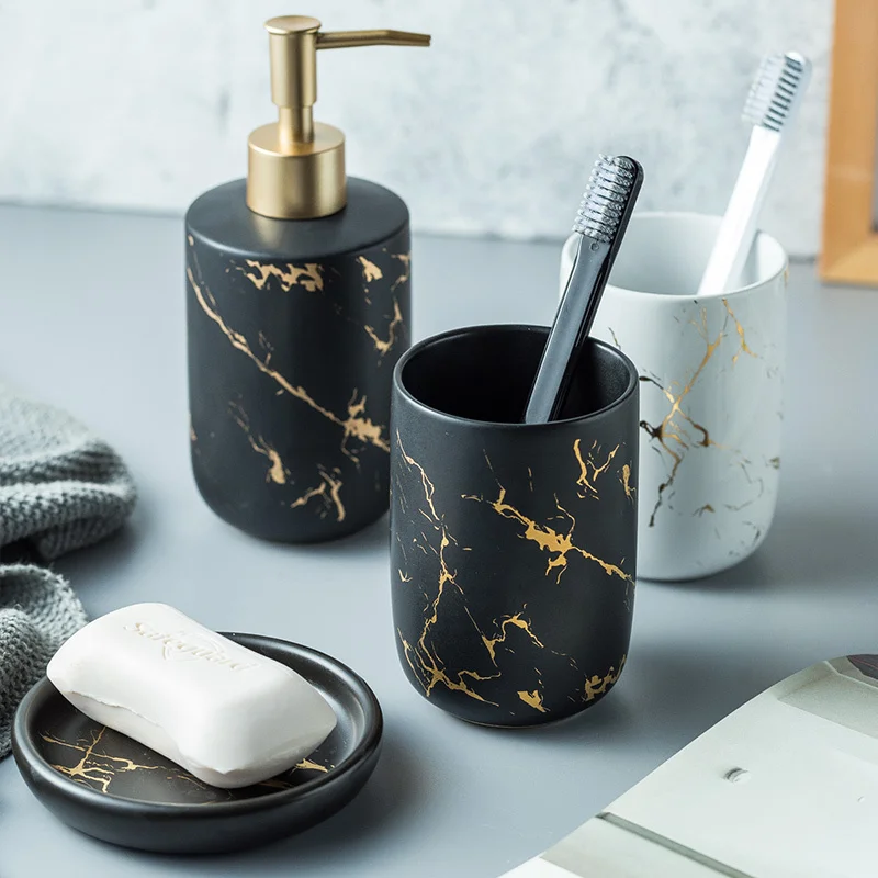 Nordic luxury marbled ceramic bathroom five-piece creative toothbrush mouth mug wedding gift wash set