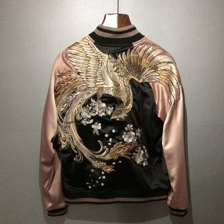 

Mens Japanese Embroidered Sukajan Souvenir Flight Jacket Bomber Birds Coat Chic Men Jackets