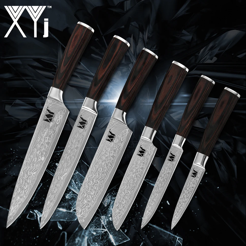 

XYj Stainless Steel 6pcs Kitchen Knife Set Damascus Pattern Sharp Thin Blade Color Wood Handle Cooking Knife Kitchen Gadgets
