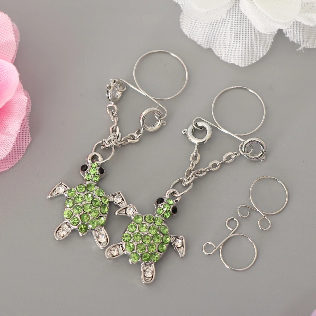 MagiDeal 2pcs Cute Tortoise Rhinestone Paved Animal Dangle Nipplering Non-piercing Clip On