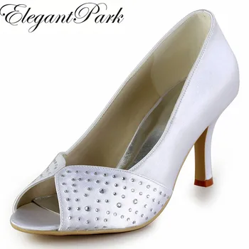 

Woman Shoes EP2076 White Ivory Silver Peep Toe Rhinestone 3" High Heel Satin Size 35-42 Wedding Bridal Prom Party Evening Pumps
