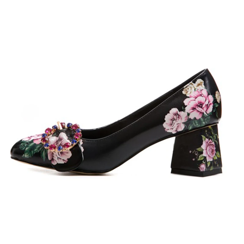 Carrés Haute Talons Véritable Black Automne Fleur white Bling En Pompes 6 Femmes Cuir Mode Carré Bout Cristal 2019 Chaussures Cm Printemps qZA6aa