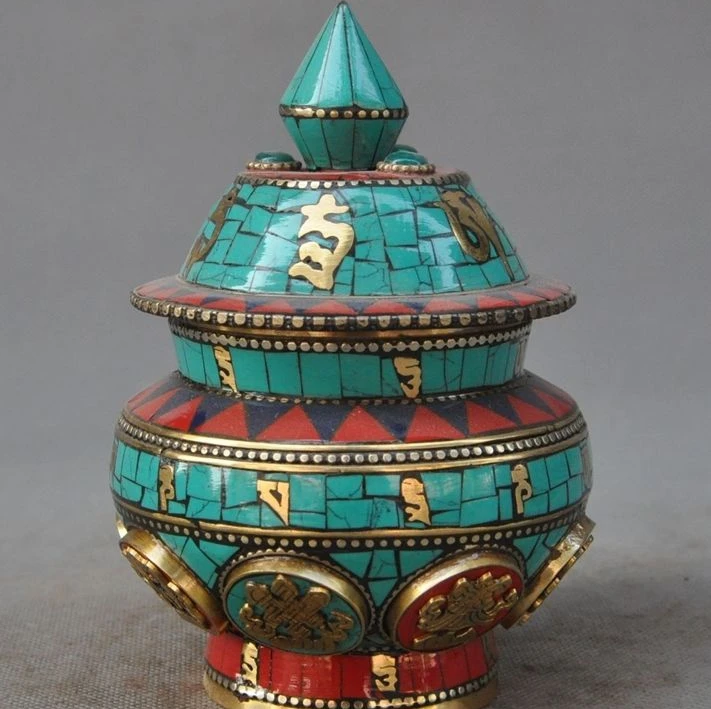 

Rare Old Tibet Fane bronze Inlay Turquoise coral Eight treasures Pot Jar Crock