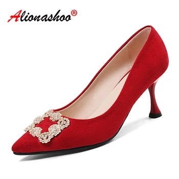 

Ladies Shoes High Heels Square Crystals Classic Pumps Sexy Dress Prom Wedding Women PU Pointed Toe Black Red Shoes Large Size 12