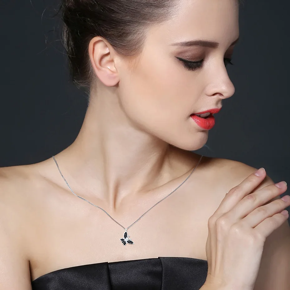 [BLACK AWN] Silver Color Necklace for Women Butterfly Black Spinel Slide Anima Necklaces Pendants P189
