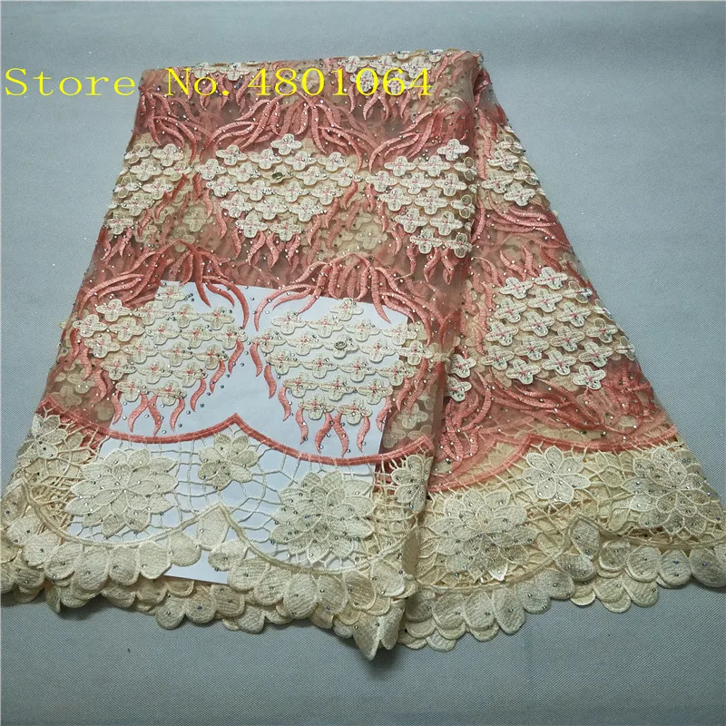 

2019 Latest African French Lace Fabric Embroidered Nigeria Guipure Tulle Lace Fabric With Stone For Party 5 yard/lot