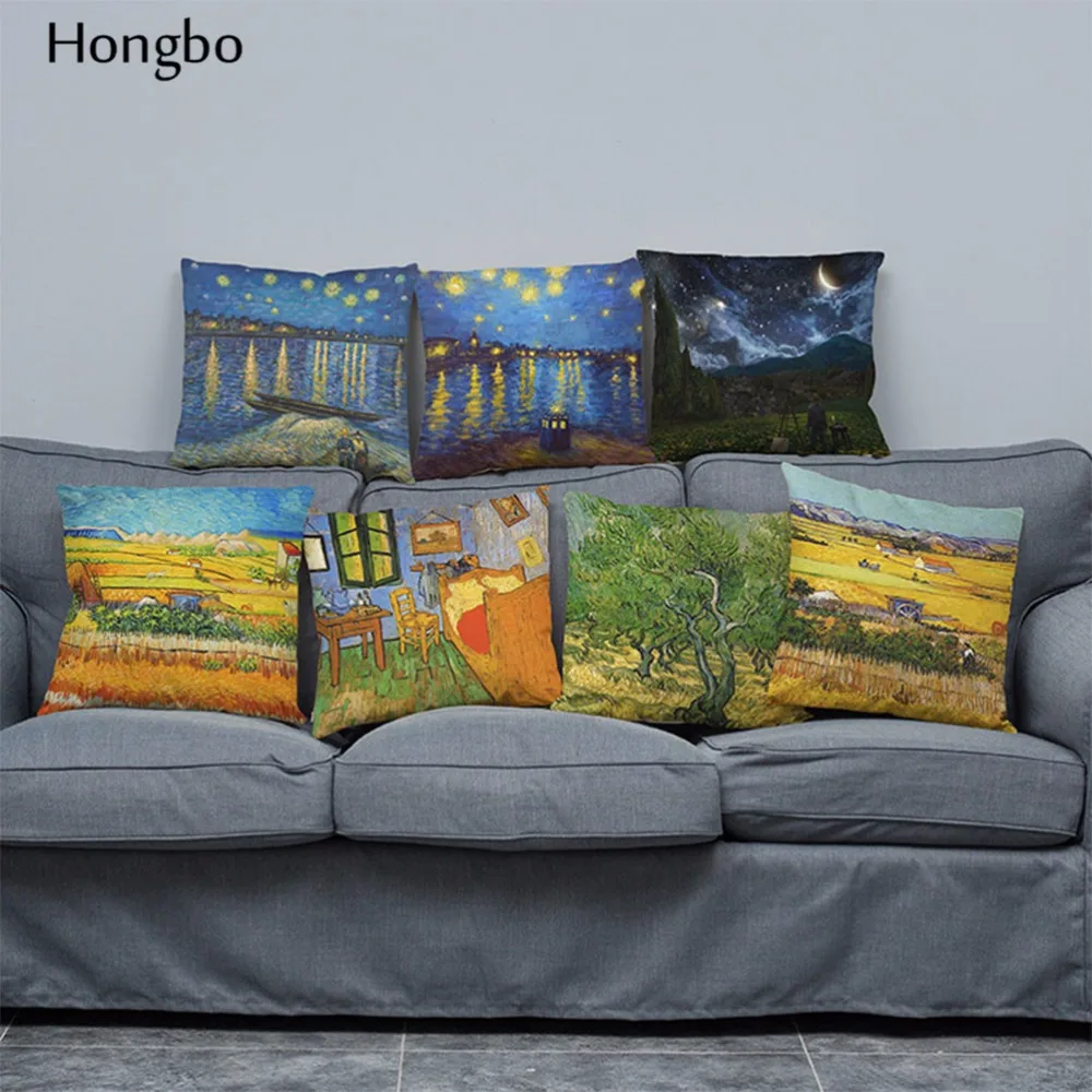 

Hongbo 1 Pcs Famous Painter Van Gogh Rural Theme Works Cushion Oil Painting Style Home Decorative Sofa Chair Pillowcase 45x45 cm