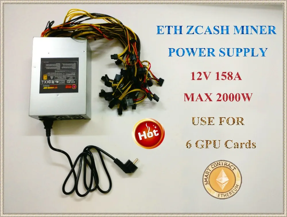 ETH ZCASH шахты источника питания() Максимальная выходная 2000 Вт 12 В 158A подходит для R9 380 RX 470 RX480 6 GPU карты. YUNHUI