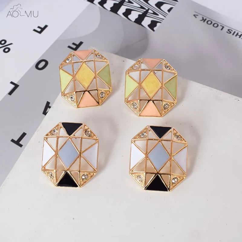 

AOMU Fashion Enamel Golden Metal Rhinestone Color Geometric Irregular Polygon Hit Colorz Stud Earrings for Women Girl Jewelry