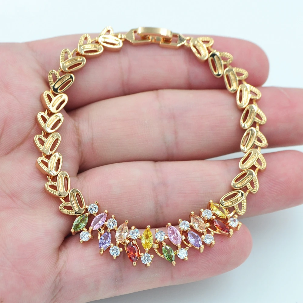 

Gold Color AAA+ Cubic Zirconia Fashion Women Multicolor Irregular CZ Stones Mesh Charm Bracelet Jewelry