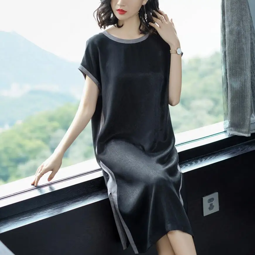 2018 Summer New Style Simple Fashion  Stripes Soft 100% Real Silk Straight Dress Female Casual Loose Short Sleeve Dress