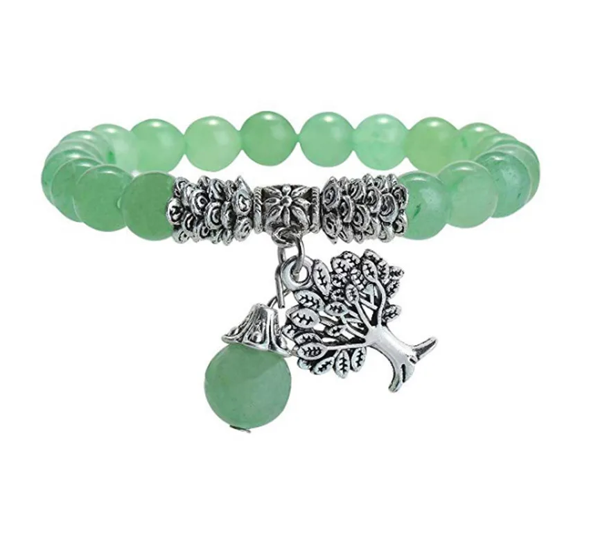 

FYJS Unique Silver Plated Tree of Life Connect Round Beads Elastic Bracelet Green Aventurine Jewelry