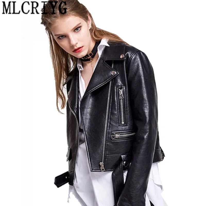 

2019 New Arrial Women Autumn Spring Faux Leather Jackets Lady Fashion Motorcycle Coat Biker Pu Leather Slim Jacket Outwear L120