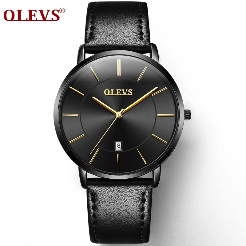 Оригинальные мужские часы OLEVS, брендовые, ультра тонкие, повседневные, водонепроницаемые, кожаные, спортивные, мужские, s, кварцевые часы, черные, Relogio Masculinoo - Цвет: 1