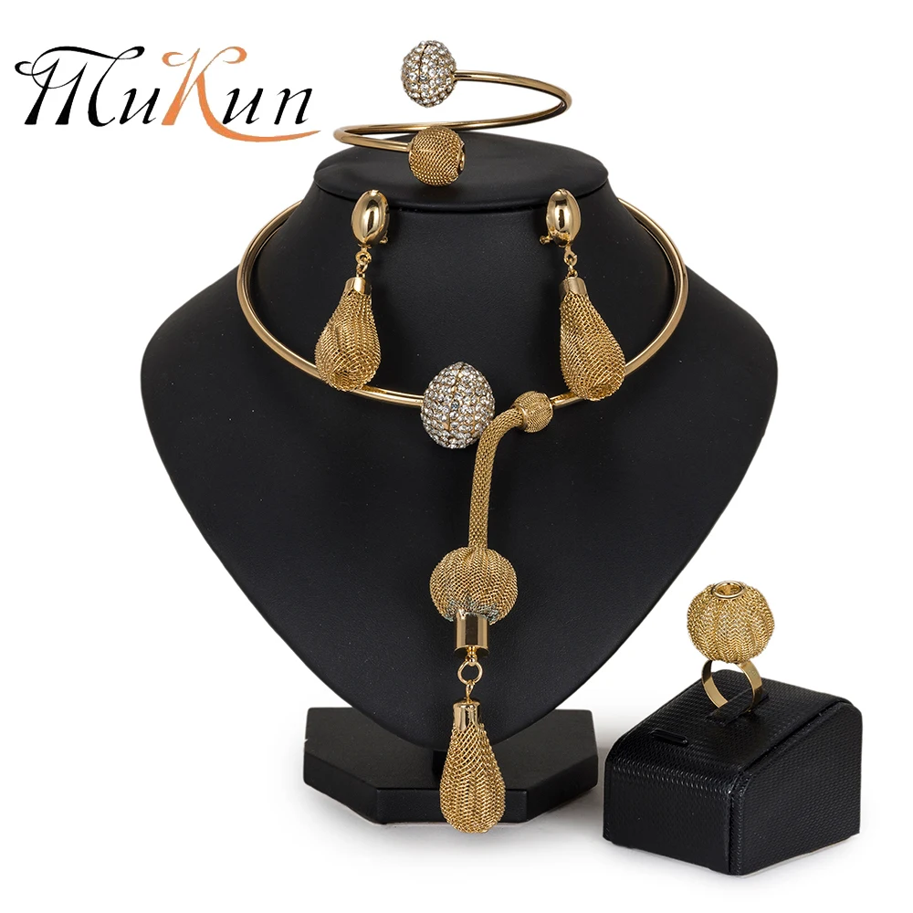 

MUKUN Fashion African Beads Jewelry Set Exquisite brand Dubai gold-color Jewelry Set Nigerian Wedding bridal jewelry sets design