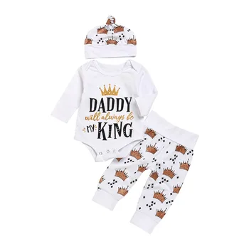 

Baby Clothing Set Daddy King Letter bodysuit+ Crown Pants +Hat 3 Pieces Newborn Baby Boy Girl Clothing