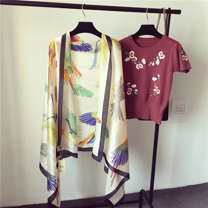 

2019 New Luxury Brand Women Silk Scarf Soft Bird Print Scarves Big size Shawl and Wrap Long Lady Pashmina Beach Stole