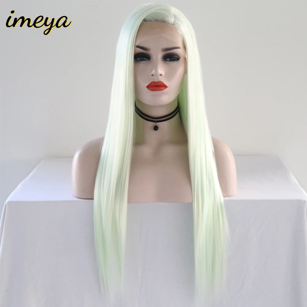 Imeya Long Silky Straight Light Green Color Synthetic Lace Front Wigs 26Inch Side Part With High Bangs Heat Resistant Fiber Hair