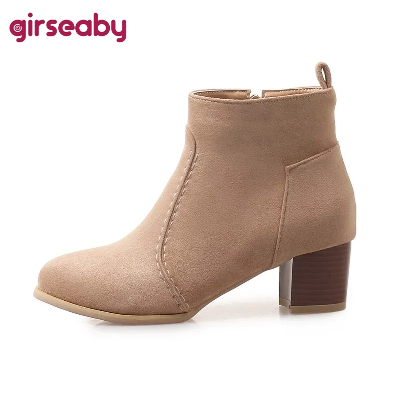 

Girseaby Shoes Woman Ankle boots Thick High heels Women shoes Round toe mujer Flock Shoes Winter Shoes Office lady Botas B822