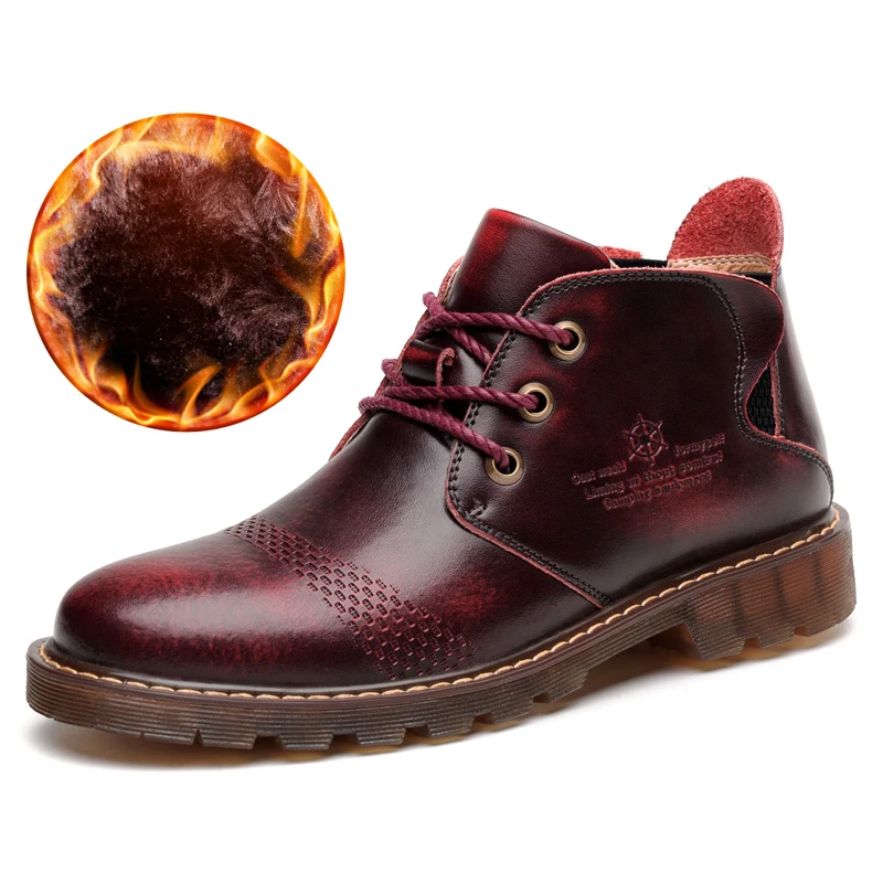 

NEW Men's Boots Casual Genuine Leather Boots Brown/Red Ankle Lace-up With Fur Autumn/Winter warm Men shoes 0018