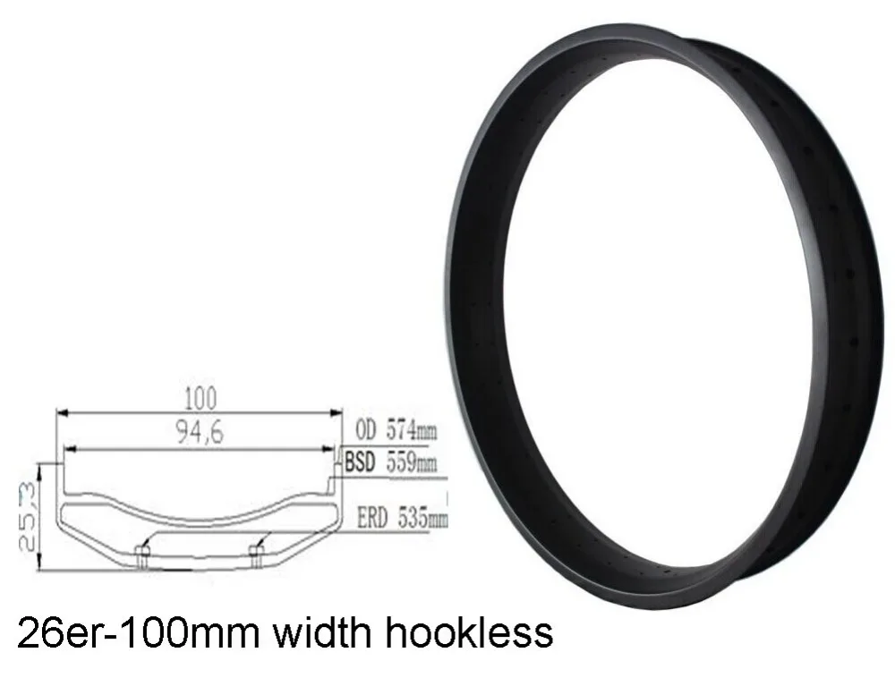 

26er hookless 100mm width Full Carbon Fiber Fat Rim Bicycle Rim fat Snow bike rim Toray T700 carbon material