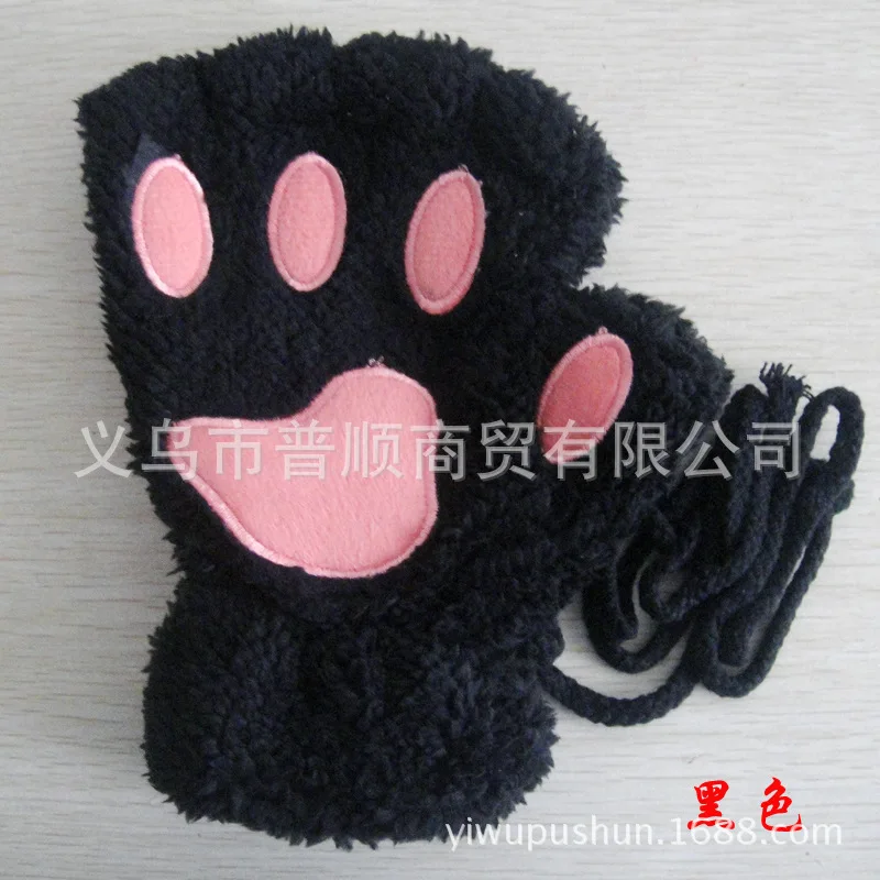Перчатки Devil's-claw, зимние, милые, с мультяшным котенком, для девушек, студенток, без пальцев, утепленные перчатки, с ворсом, с медвежьими лапами, перчатки на половину пальцев - Цвет: black