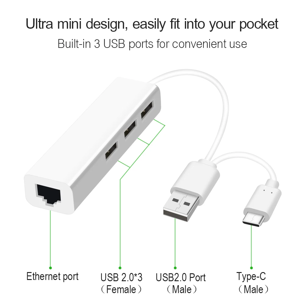 KuWFi 3 порта USB концентратор 2 в 1 USB Ethernet usb 2,0 OTG USB type C к Rj45 Lan адаптер мульти-Сплиттер USB-C для MacBook PC